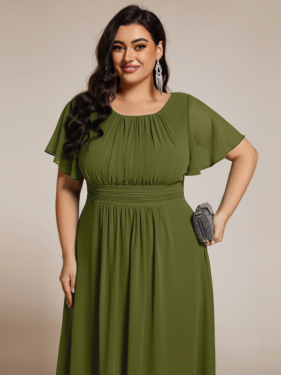 Color=Olive Green | B2B-Exclusive Short Sleeve Ruffle A-Line High-Low Round Neck Wedding Guest Dresses-Olive Green 58