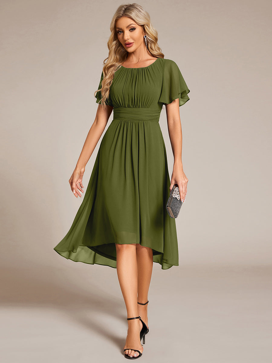 Color=Olive Green | B2B-Exclusive Short Sleeve Ruffle A-Line High-Low Round Neck Wedding Guest Dresses-Olive Green 51