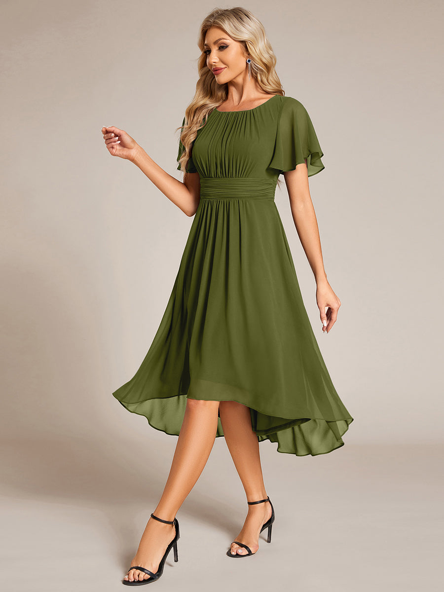Color=Olive Green | B2B-Exclusive Short Sleeve Ruffle A-Line High-Low Round Neck Wedding Guest Dresses-Olive Green 55