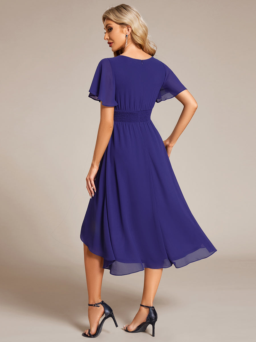 Color=Sapphire Blue | Factory Design Short Sleeve Ruffle Pleated Round Neck A-Line High-Low Wedding Guest Dresses-Sapphire Blue 2