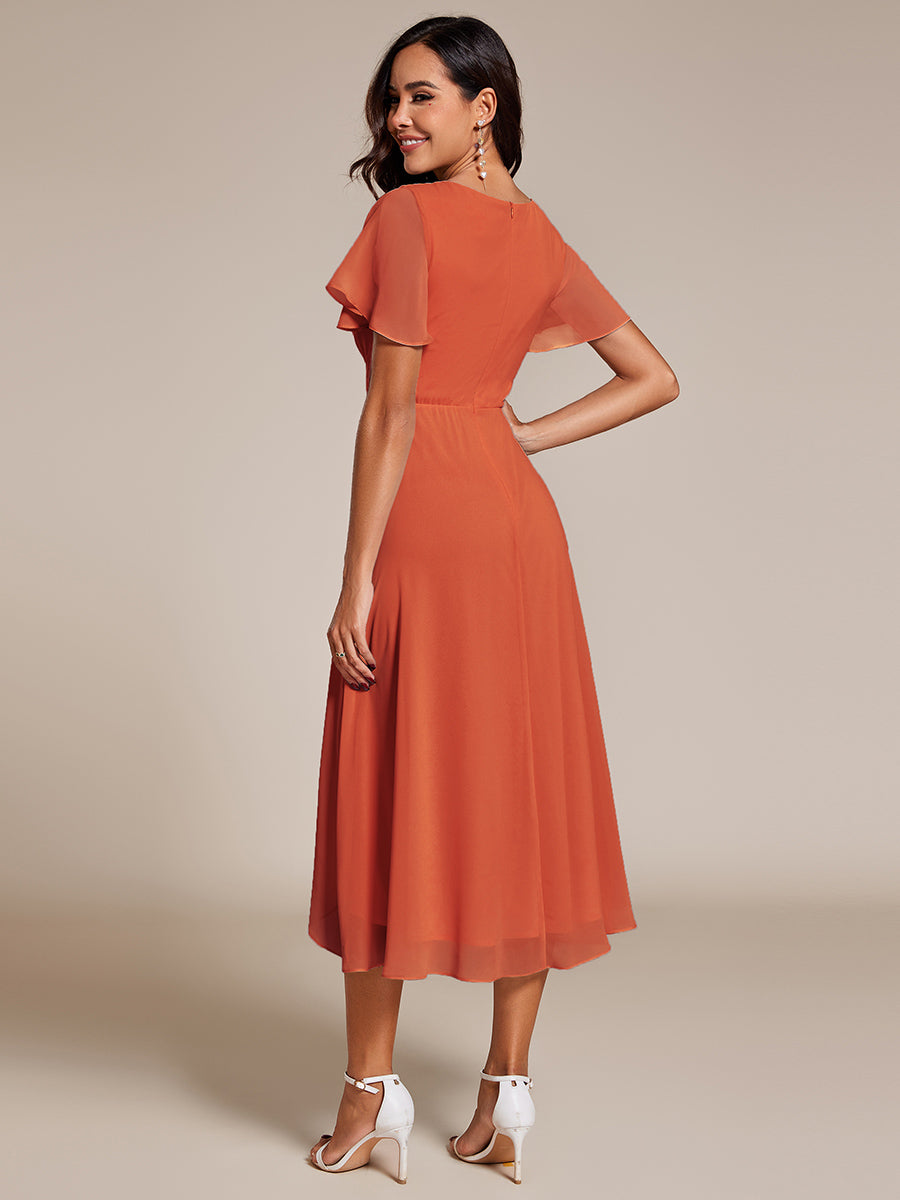 Color=Burnt Orange | V-Neck Midi Chiffon Wedding Guest Dresses with Ruffles Sleeve-Burnt Orange 2