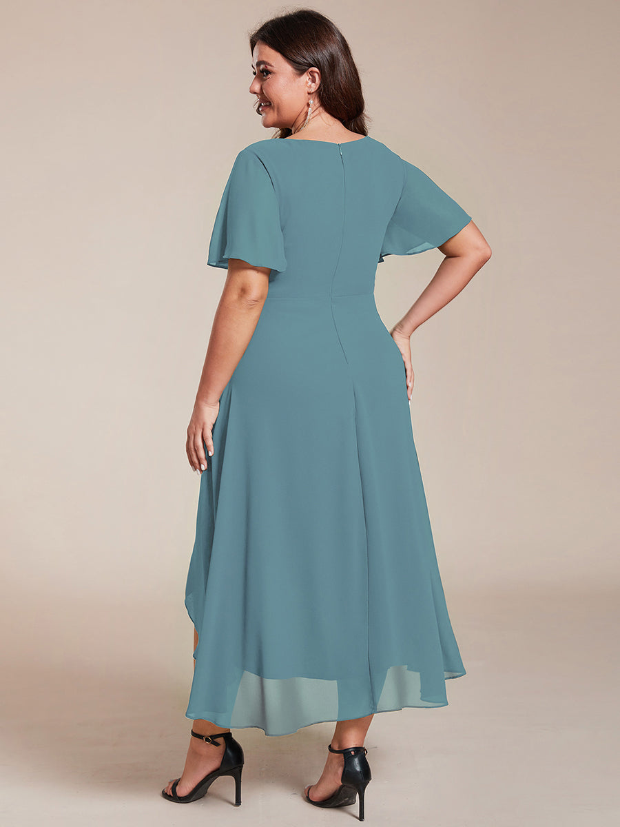 Color=Dusty Blue | V-Neck Midi Chiffon Wedding Guest Dresses with Ruffles Sleeve-Dusty Blue 4