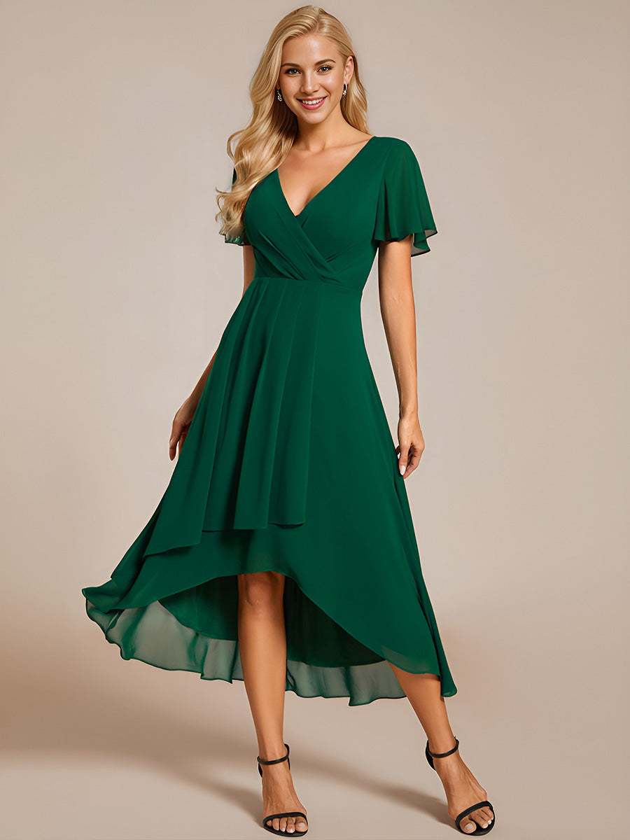Color=Dark Green | V-Neck Midi Chiffon Wedding Guest Dresses with Ruffles Sleeve-Dark Green 11