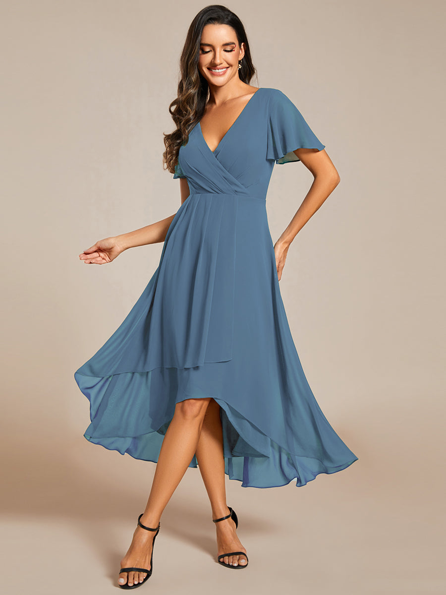 Color=Dusty Blue| V-Neck Midi Chiffon Wedding Guest Dresses with Ruffles Sleeve-Dusty Blue 6