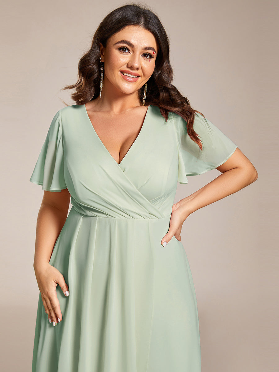Color=Mint Green | V-Neck Midi Chiffon Wedding Guest Dresses with Ruffles Sleeve-Mint Green 5