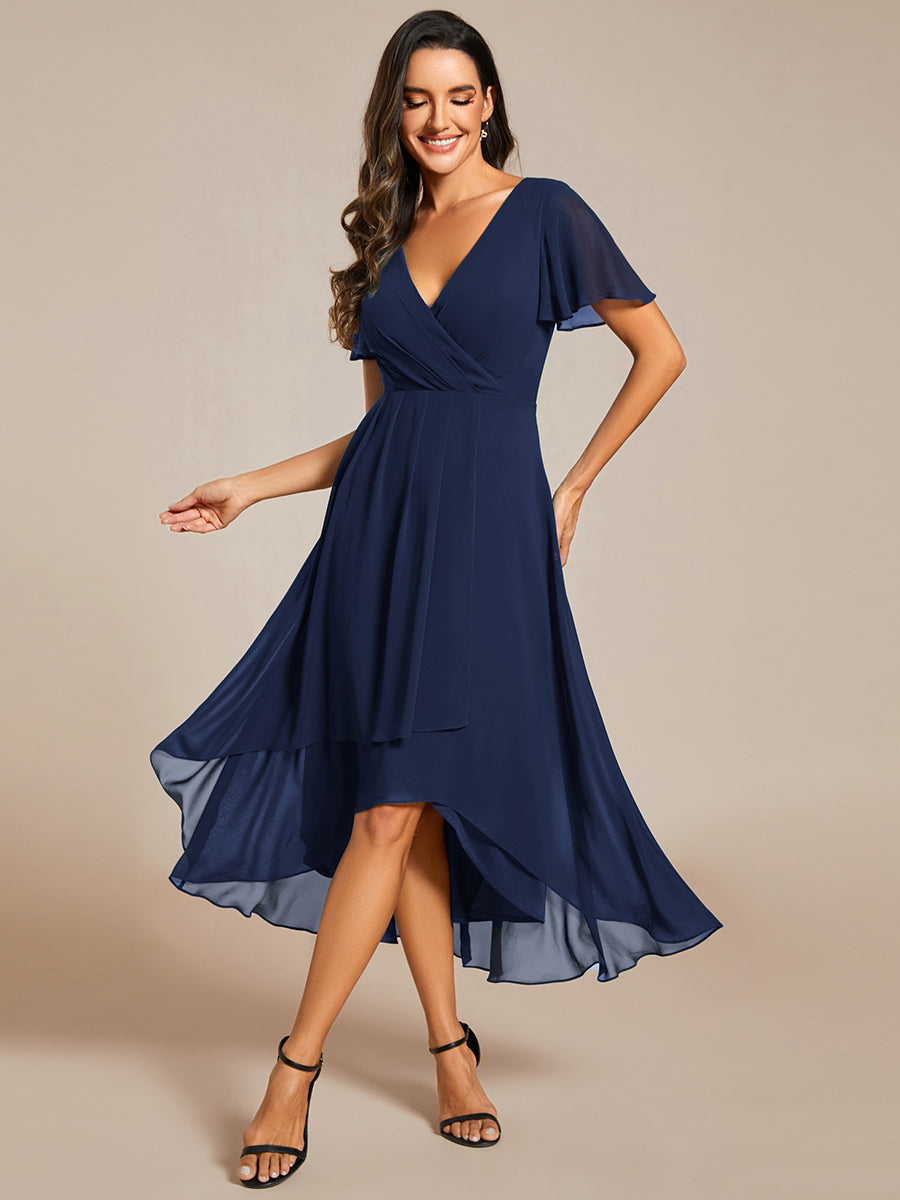 Color=Navy Blue | V-Neck Midi Chiffon Wedding Guest Dresses with Ruffles Sleeve-Navy Blue 16