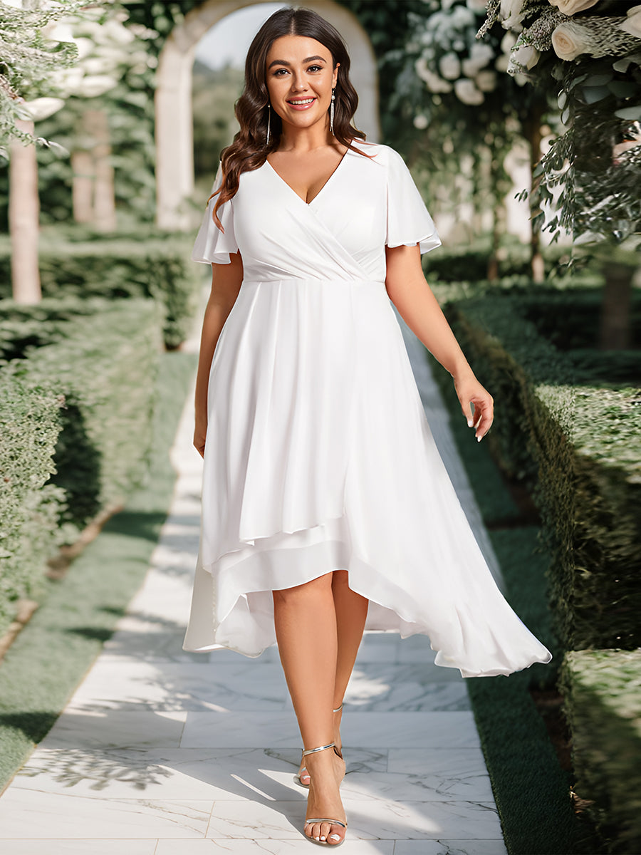 Color=White | V-Neck Midi Chiffon Wedding Guest Dresses with Ruffles Sleeve-White  1