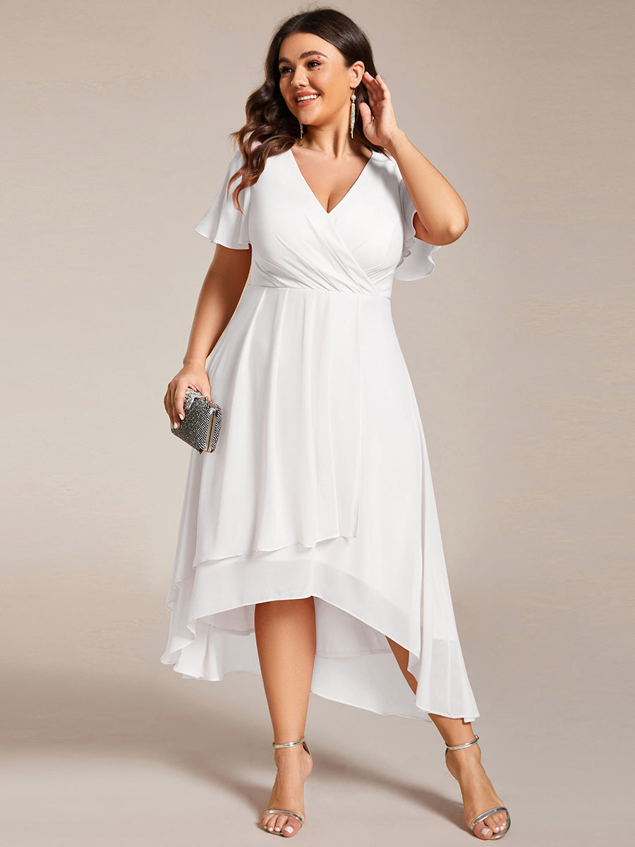 Color=White | V-Neck Midi Chiffon Wedding Guest Dresses with Ruffles Sleeve-White  5
