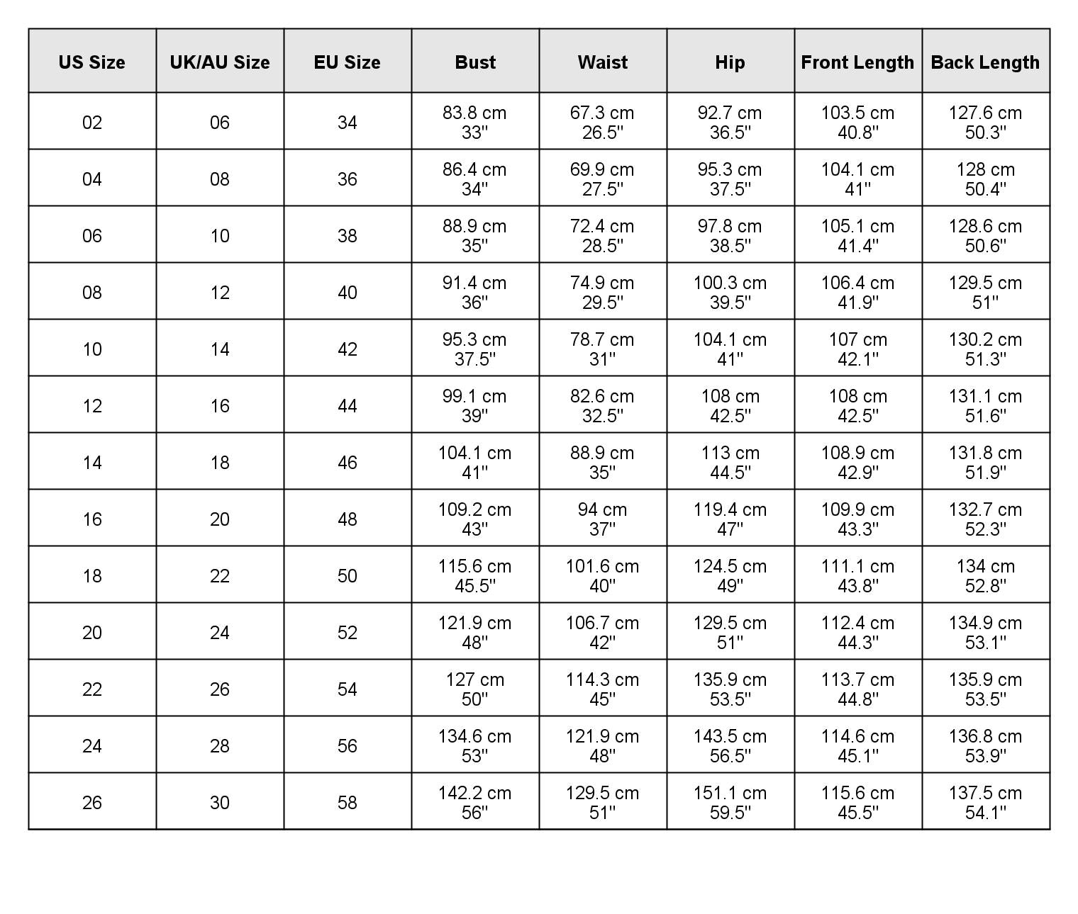 size chart