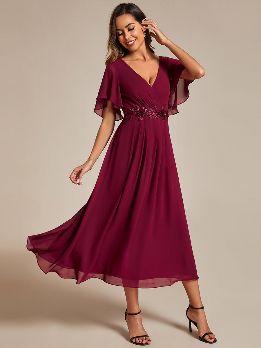 Color=Burgundy | Applique V Neck Tea Length Wedding Guest Dress With Short Sleeves-Burgundy 5