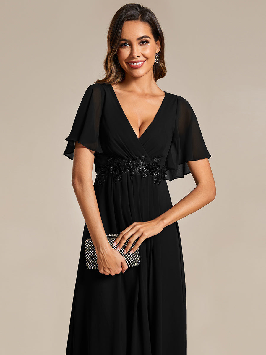 Color=Black | Applique V Neck Tea Length Wedding Guest Dress With Short Sleeves-Black 6
