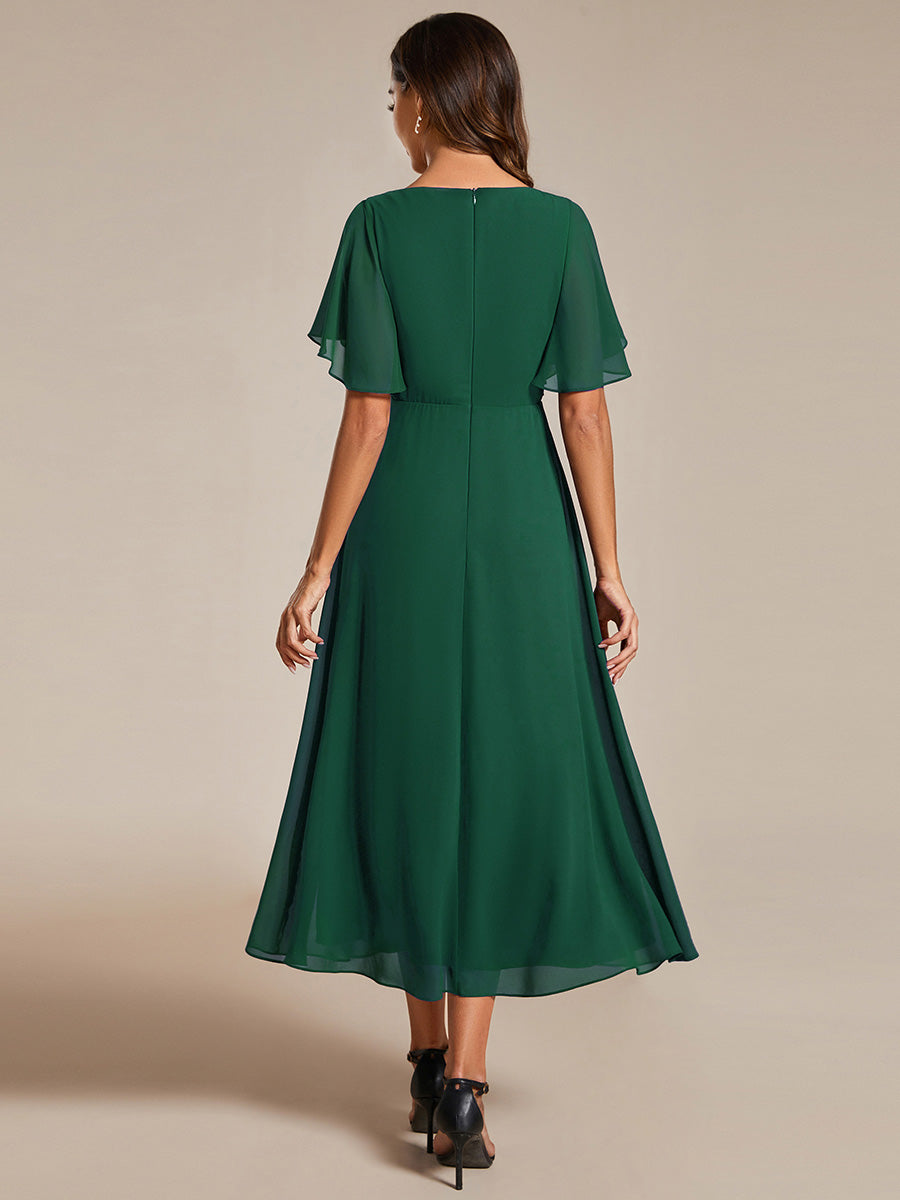 Color=Dark Green | Applique V Neck Tea Length Wedding Guest Dress With Short Sleeves-Dark Green 3
