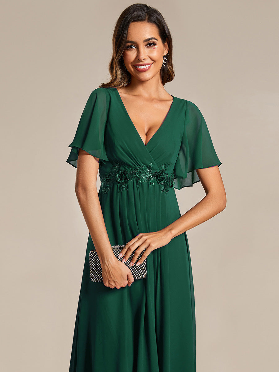 Color=Dark Green | Applique V Neck Tea Length Wedding Guest Dress With Short Sleeves-Dark Green 6