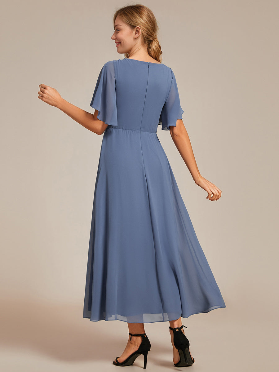 Color=Dusty Blue | Applique V Neck Tea Length Wedding Guest Dress With Short Sleeves-Dusty Blue 16