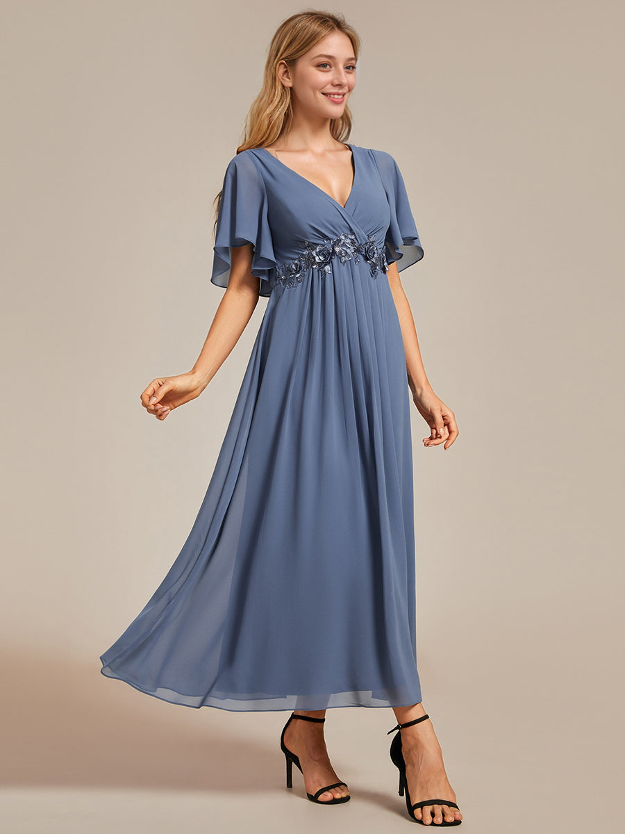 Color=Dusty Blue | Applique V Neck Tea Length Wedding Guest Dress With Short Sleeves-Dusty Blue 17