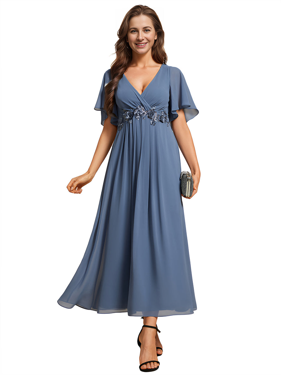 Color=Dusty Blue | Applique V Neck Tea Length Wedding Guest Dress With Short Sleeves-Dusty Blue 7