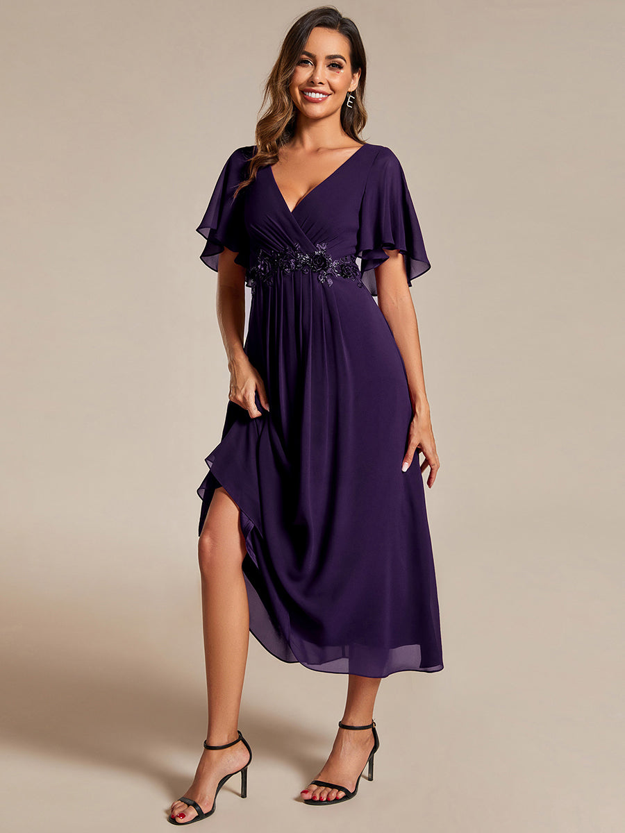 Color=Dark Purple | Applique V Neck Tea Length Wedding Guest Dress With Short Sleeves-Dark Purple 3