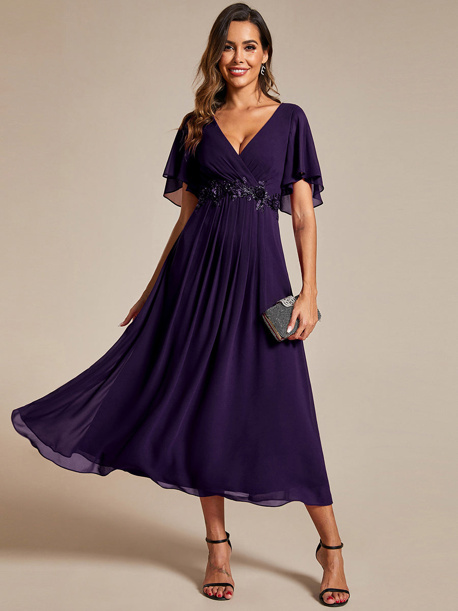 Color=Dark Purple | Applique V Neck Tea Length Wedding Guest Dress With Short Sleeves-Dark Purple 1