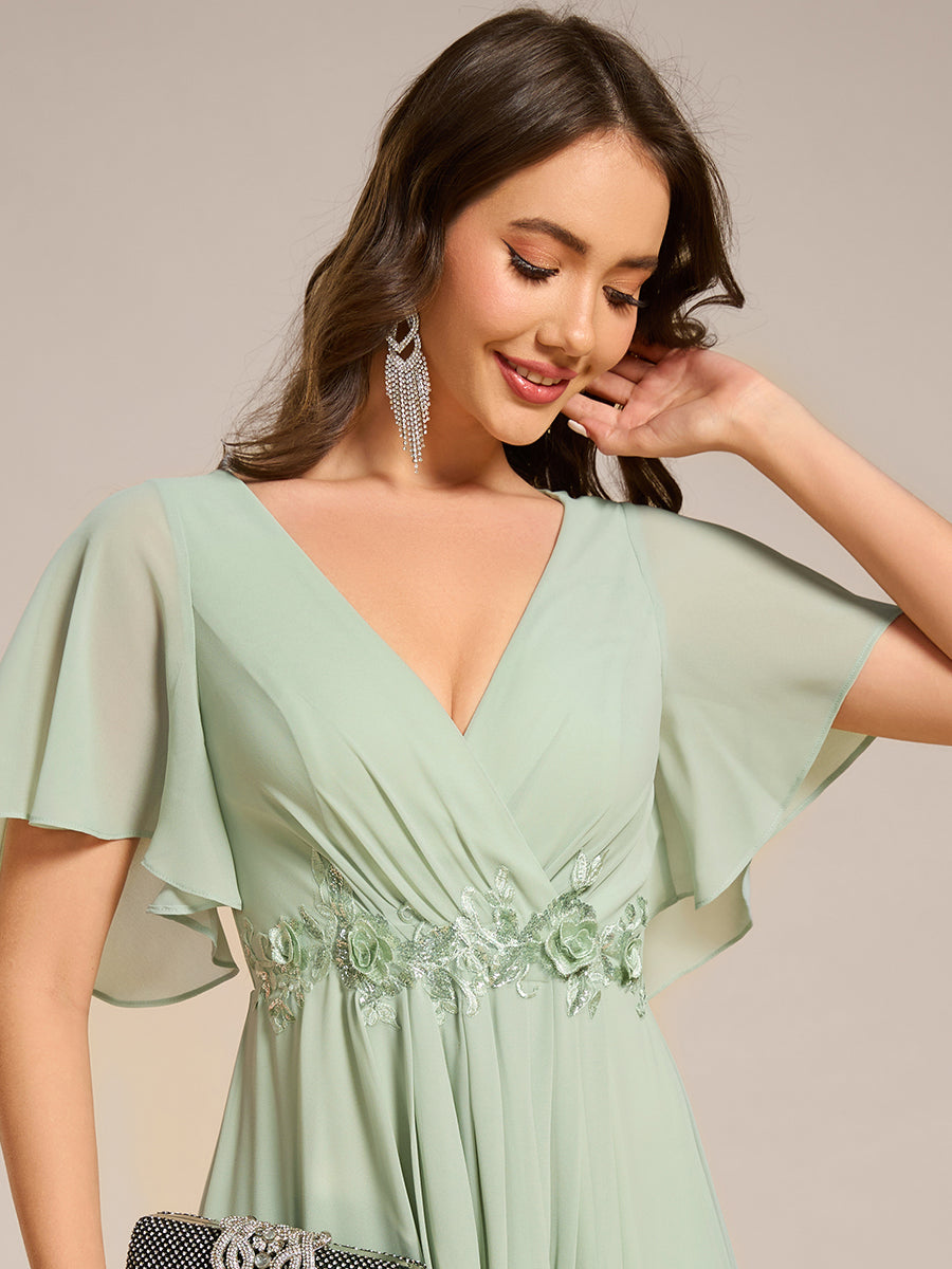 Color=Mint Green | Applique V Neck Tea Length Wedding Guest Dress With Short Sleeves-Mint Green 5