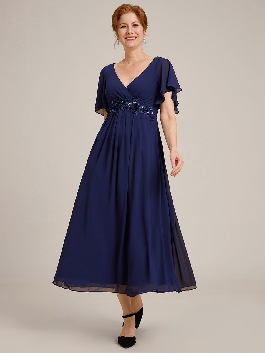 Color=Navy Blue | Applique V Neck Tea Length Wedding Guest Dress With Short Sleeves-Navy Blue 8