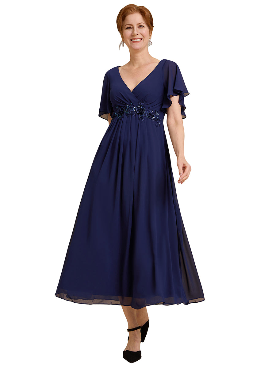 Color=Navy Blue | Applique V Neck Tea Length Wedding Guest Dress With Short Sleeves-Navy Blue 9