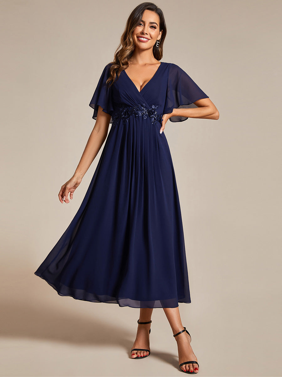 Color=Navy Blue | Applique V Neck Tea Length Wedding Guest Dress With Short Sleeves-Navy Blue 4