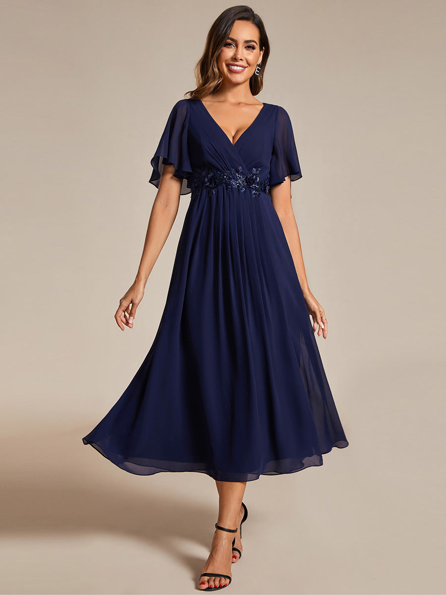 Color=Navy Blue | Applique V Neck Tea Length Wedding Guest Dress With Short Sleeves-Navy Blue 1