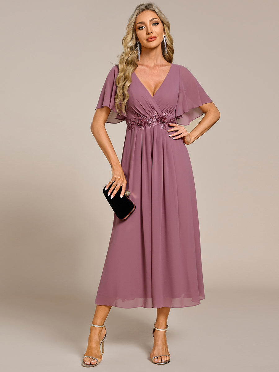 Color=Purple Orchid | Applique V Neck Tea Length Wedding Guest Dress With Short Sleeves-Purple Orchid 4