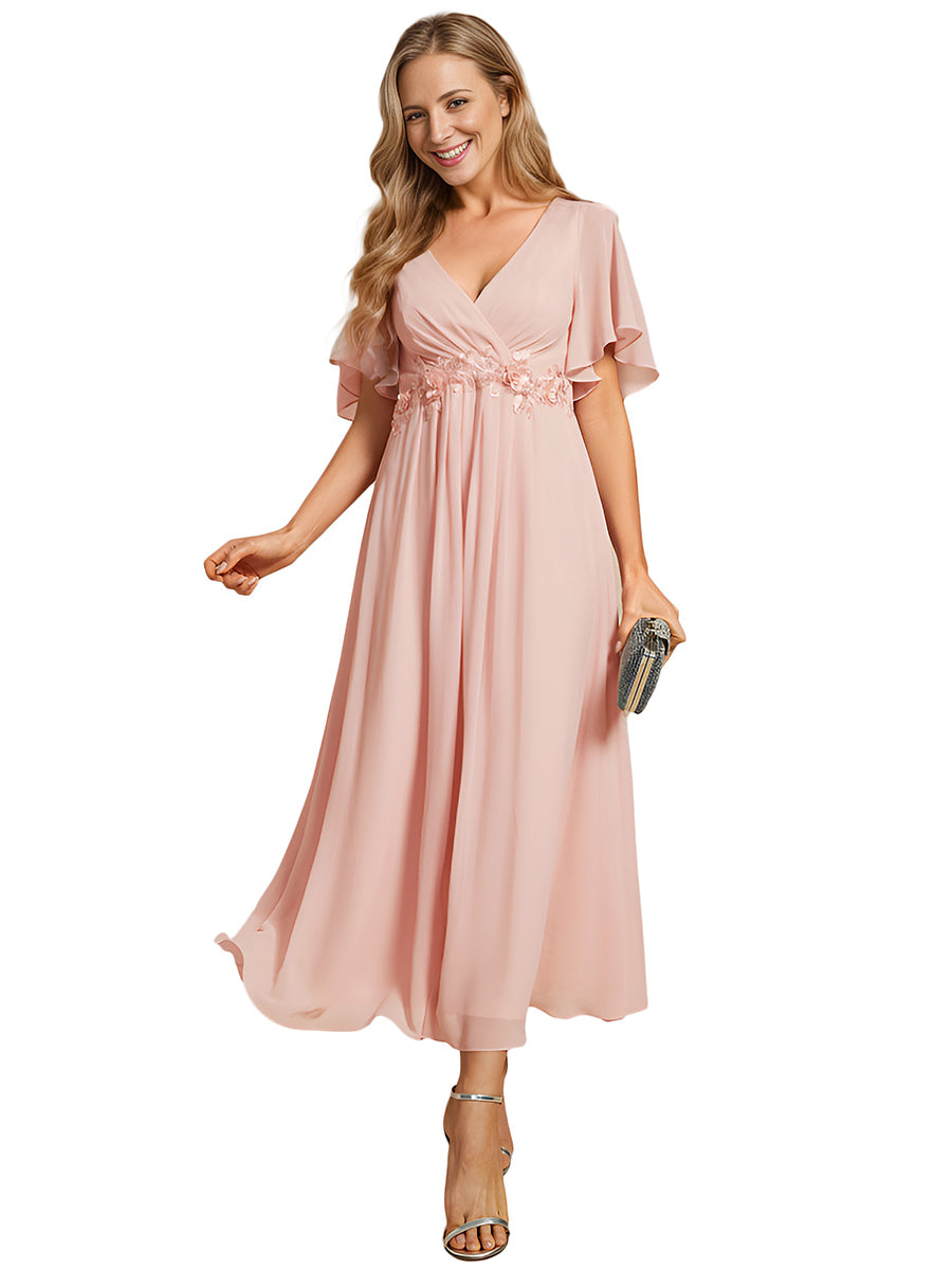 Color=Pink | Applique V Neck Tea Length Wedding Guest Dress With Short Sleeves-Pink 7