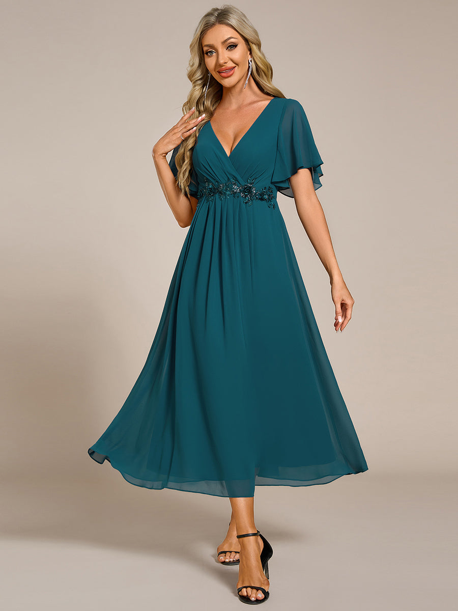 Color=Teal | Applique V Neck Tea Length Wedding Guest Dress With Short Sleeves-Teal 1