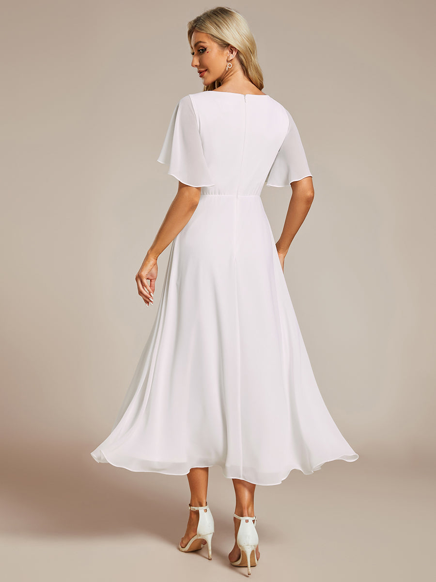Color=White | Applique V Neck Tea Length Wedding Guest Dress With Short Sleeves-White 3