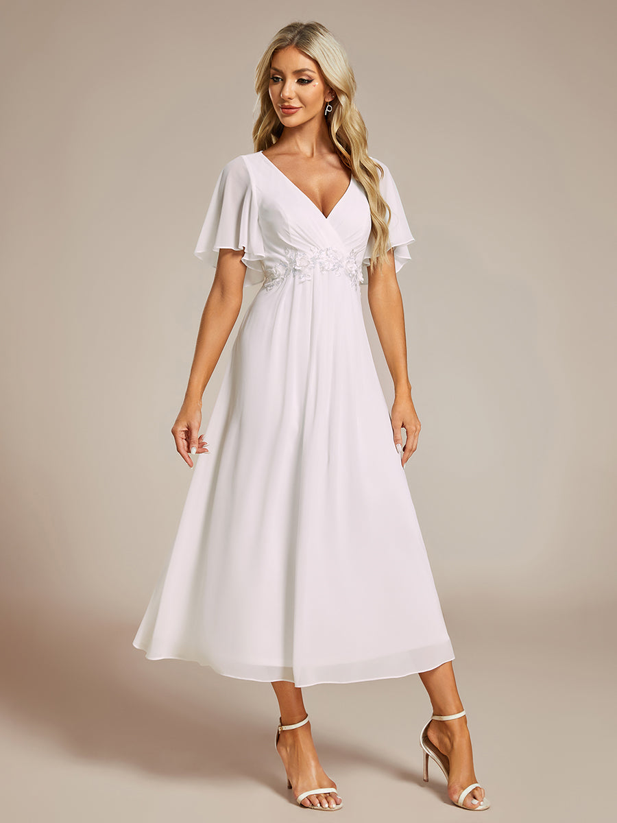 Color=White | Applique V Neck Tea Length Wedding Guest Dress With Short Sleeves-White 7