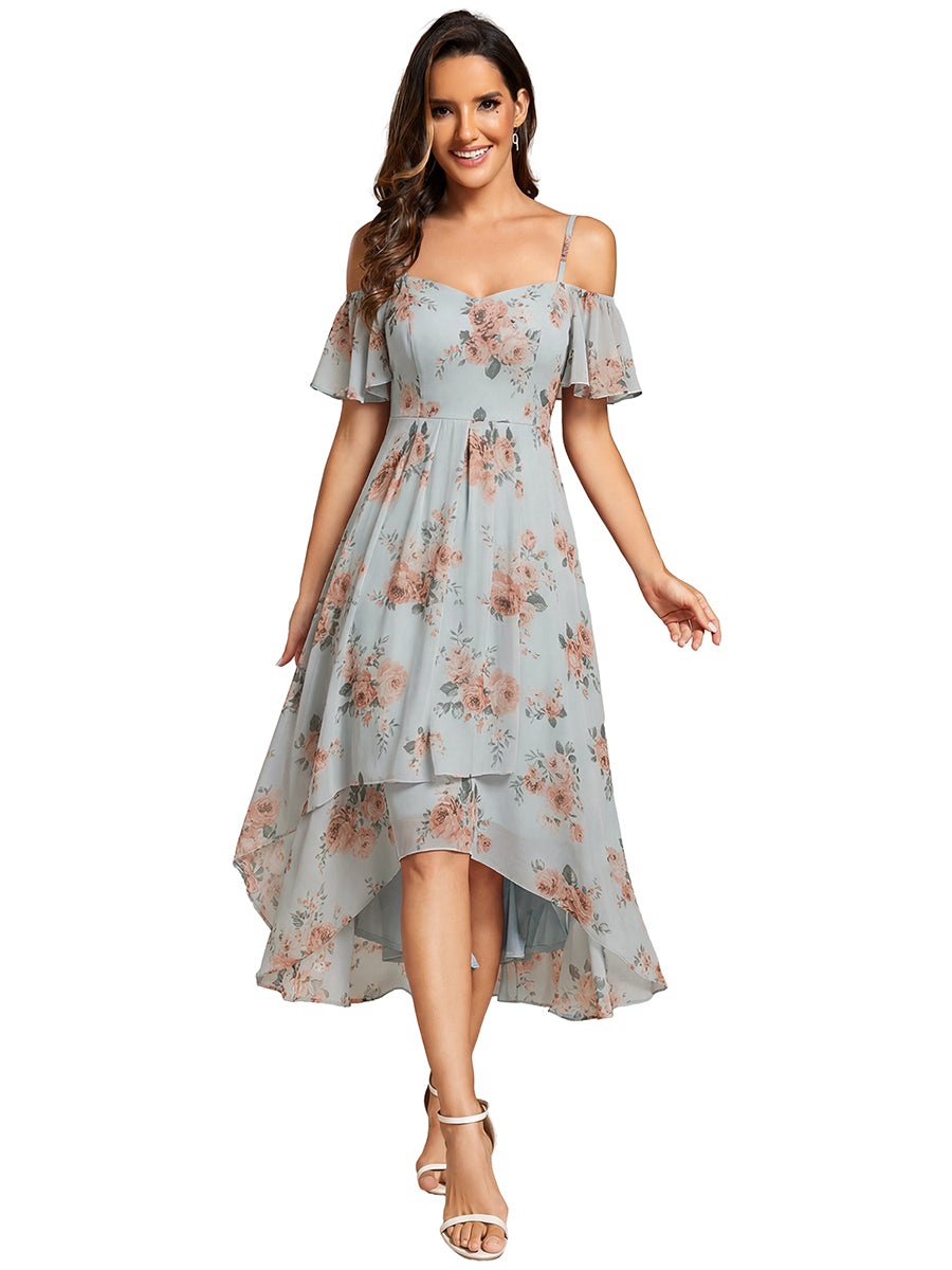 Color=Amber Bloom | Plus Size Chiffon Spaghetti Strap Cold Shoulder Tea Length Wedding Guest Dress-Amber Bloom 2