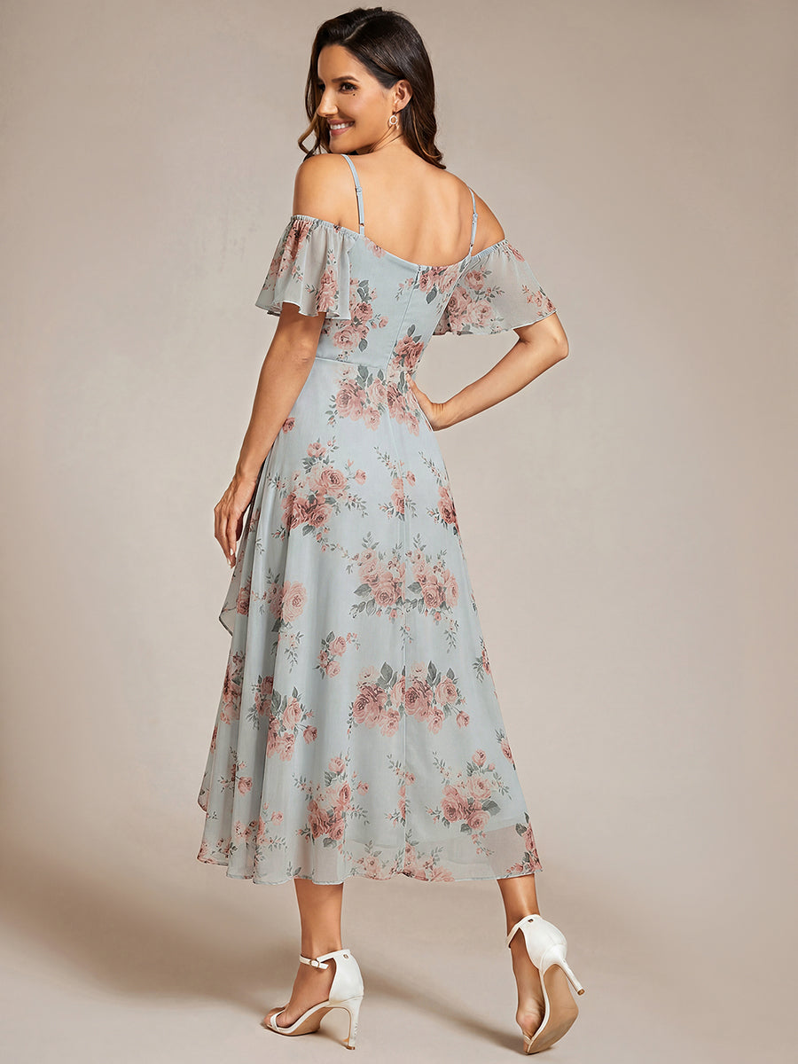 Color=Amber Bloom | Plus Size Chiffon Spaghetti Strap Cold Shoulder Tea Length Wedding Guest Dress-Amber Bloom 3