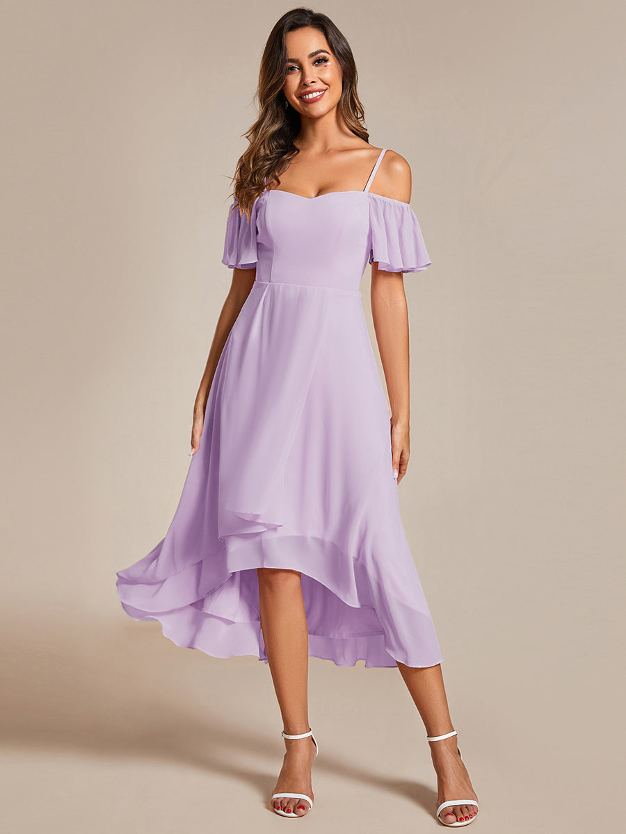 Color=Frosted Lilac | Plus Size Chiffon Spaghetti Strap Cold Shoulder Tea Length Wedding Guest Dress-Frosted Lilac 1