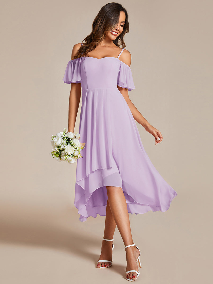 Color=Frosted Lilac | Plus Size Chiffon Spaghetti Strap Cold Shoulder Tea Length Wedding Guest Dress-Frosted Lilac 4