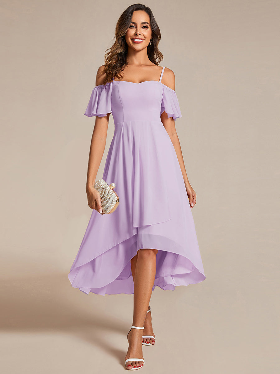 Color=Frosted Lilac | Plus Size Chiffon Spaghetti Strap Cold Shoulder Tea Length Wedding Guest Dress-Frosted Lilac 5