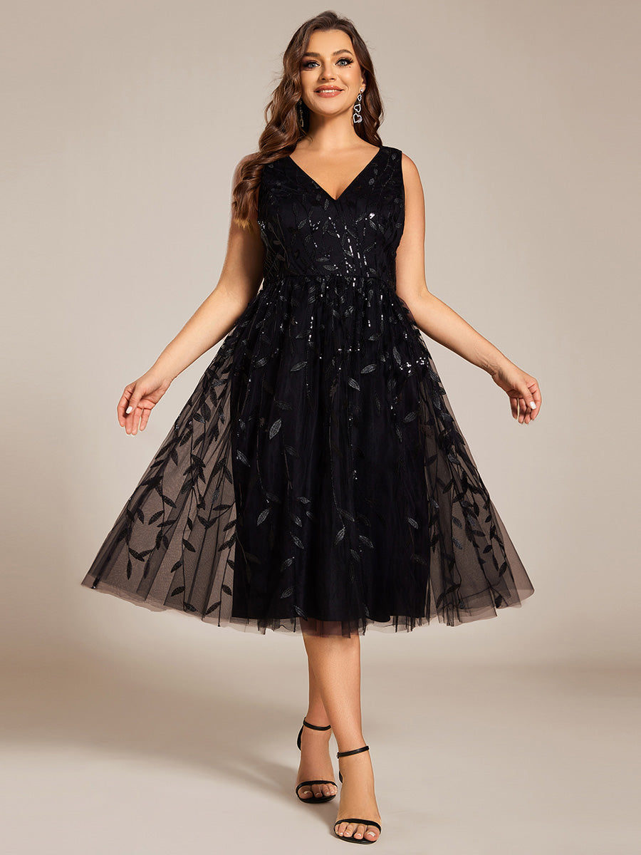 Color=Black | Plus Size V-Neck Sequin Midi Wedding Guest Dress With Sleeveless-Black 6