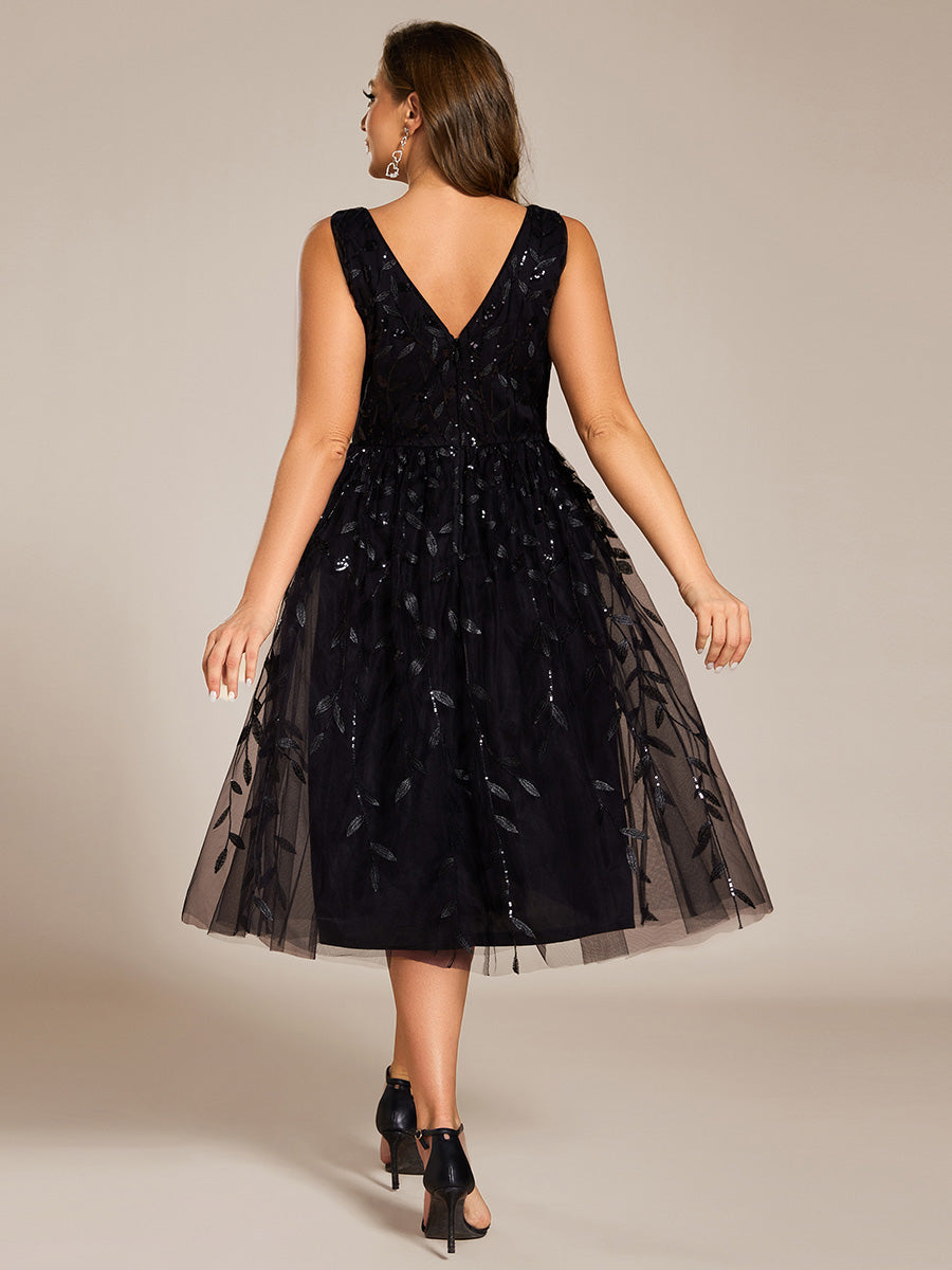 Color=Black | Plus Size V-Neck Sequin Midi Wedding Guest Dress With Sleeveless-Black 7