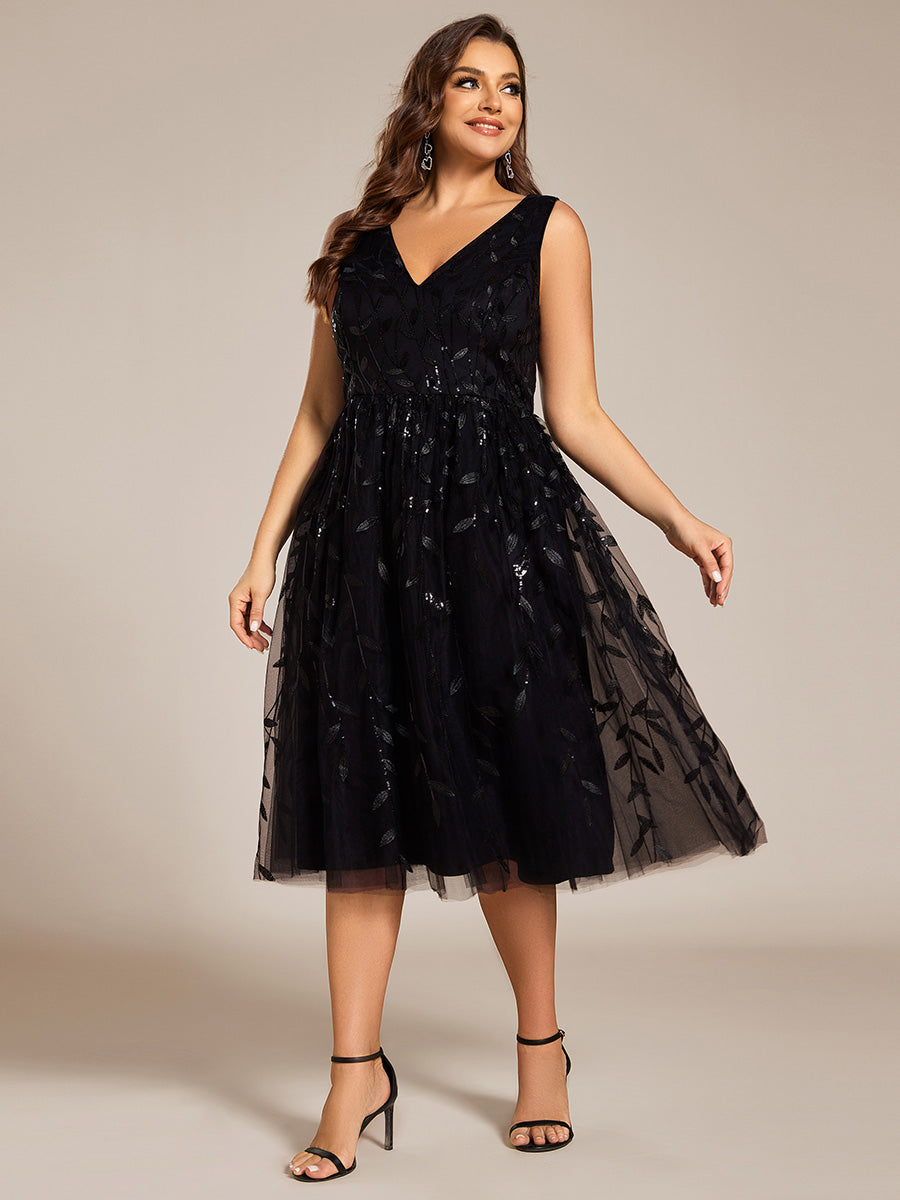 Color=Black | Plus Size V-Neck Sequin Midi Wedding Guest Dress With Sleeveless-Black 8