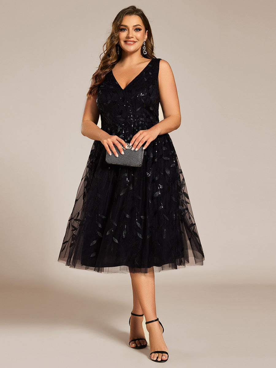 Color=Black | Plus Size V-Neck Sequin Midi Wedding Guest Dress With Sleeveless-Black 9
