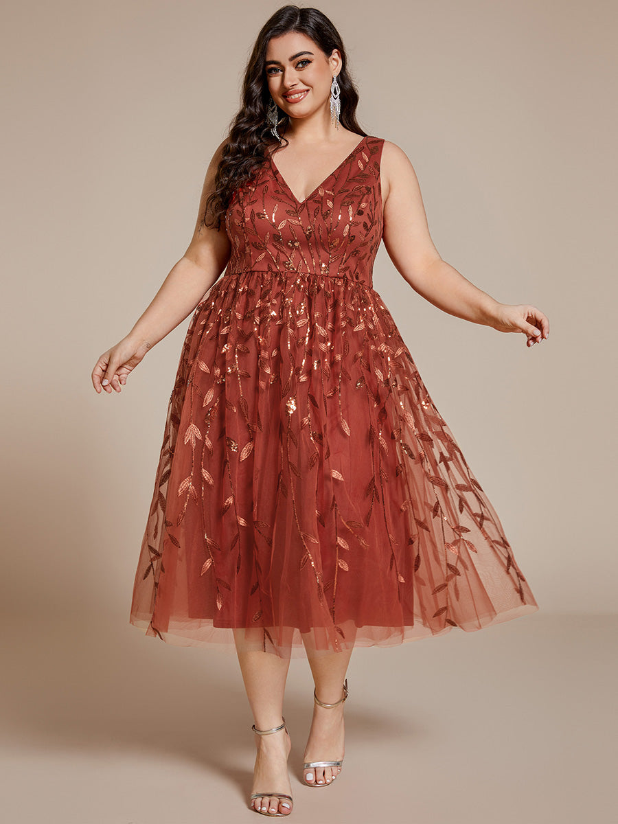 Color=Burnt Orange | Plus Size V-Neck Sequin Midi Wedding Guest Dress With Sleeveless-Burnt Orange 16