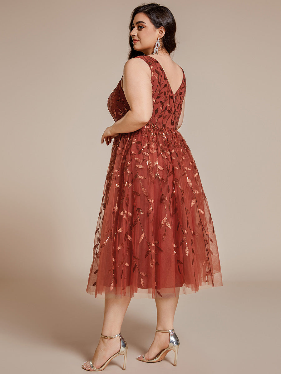 Color=Burnt Orange | Plus Size V-Neck Sequin Midi Wedding Guest Dress With Sleeveless-Burnt Orange 17