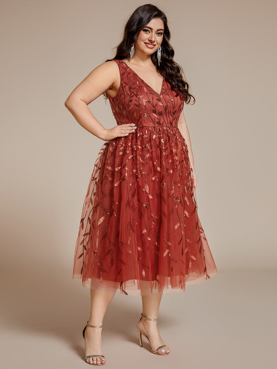 Color=Burnt Orange | Plus Size V-Neck Sequin Midi Wedding Guest Dress With Sleeveless-Burnt Orange 18