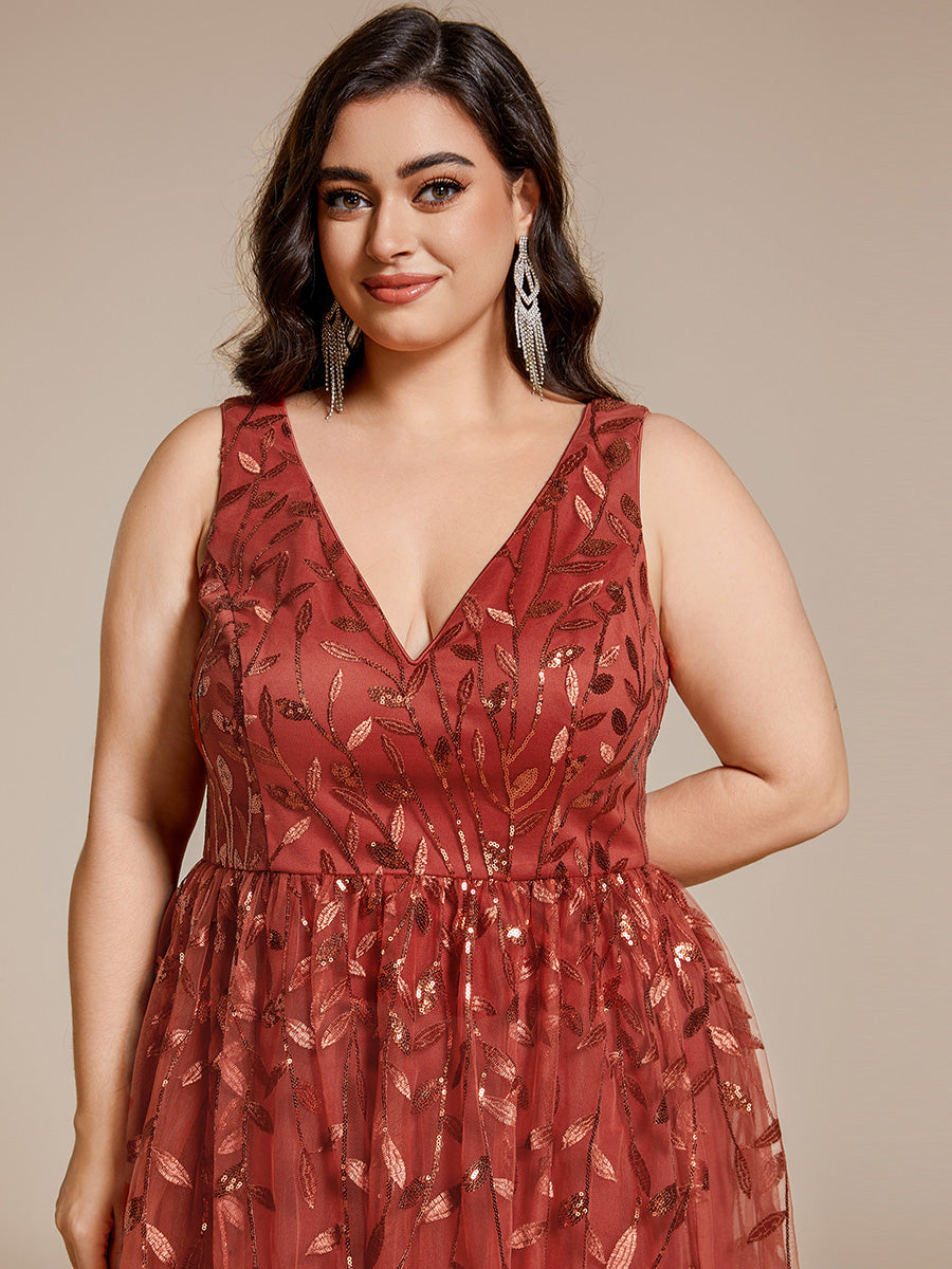 Color=Burnt Orange | Plus Size V-Neck Sequin Midi Wedding Guest Dress With Sleeveless-Burnt Orange 20