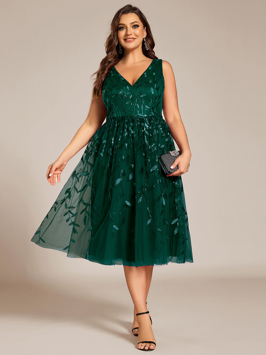 Color=Dark Green | Plus Size V-Neck Sequin Midi Wedding Guest Dress With Sleeveless-Dark Green 21