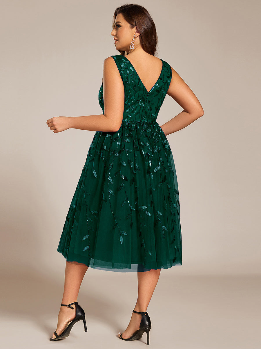 Color=Dark Green | Plus Size V-Neck Sequin Midi Wedding Guest Dress With Sleeveless-Dark Green 22