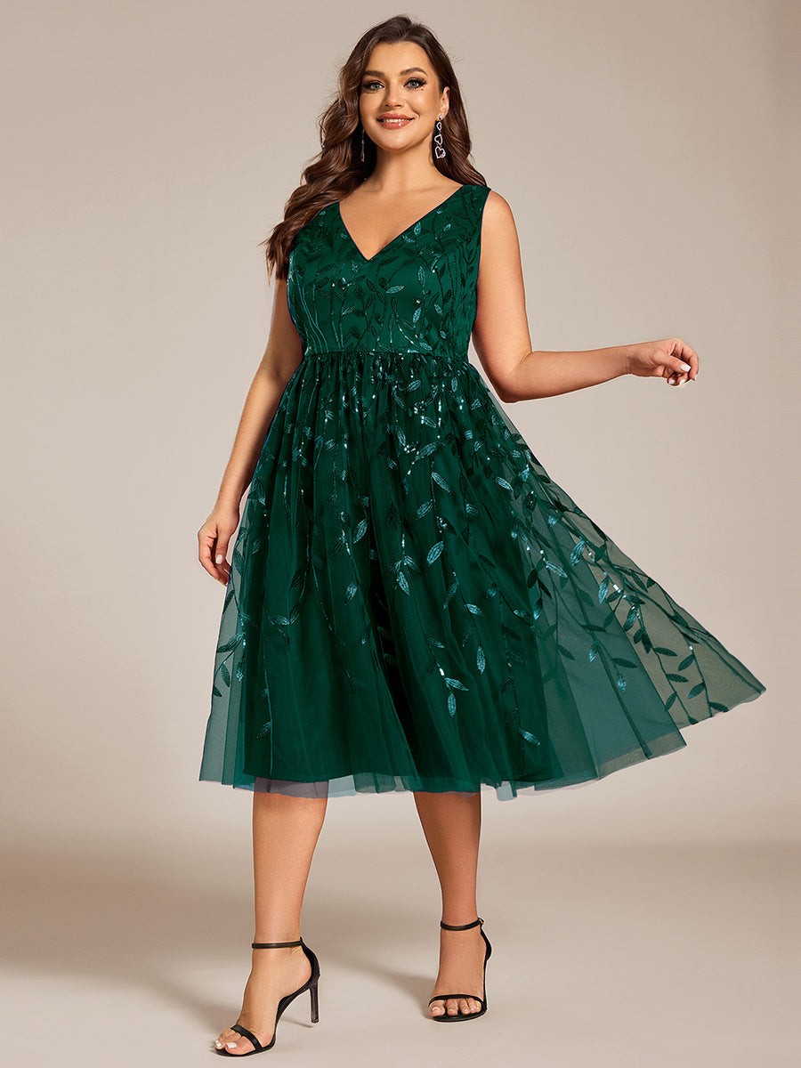 Color=Dark Green | Plus Size V-Neck Sequin Midi Wedding Guest Dress With Sleeveless-Dark Green 23