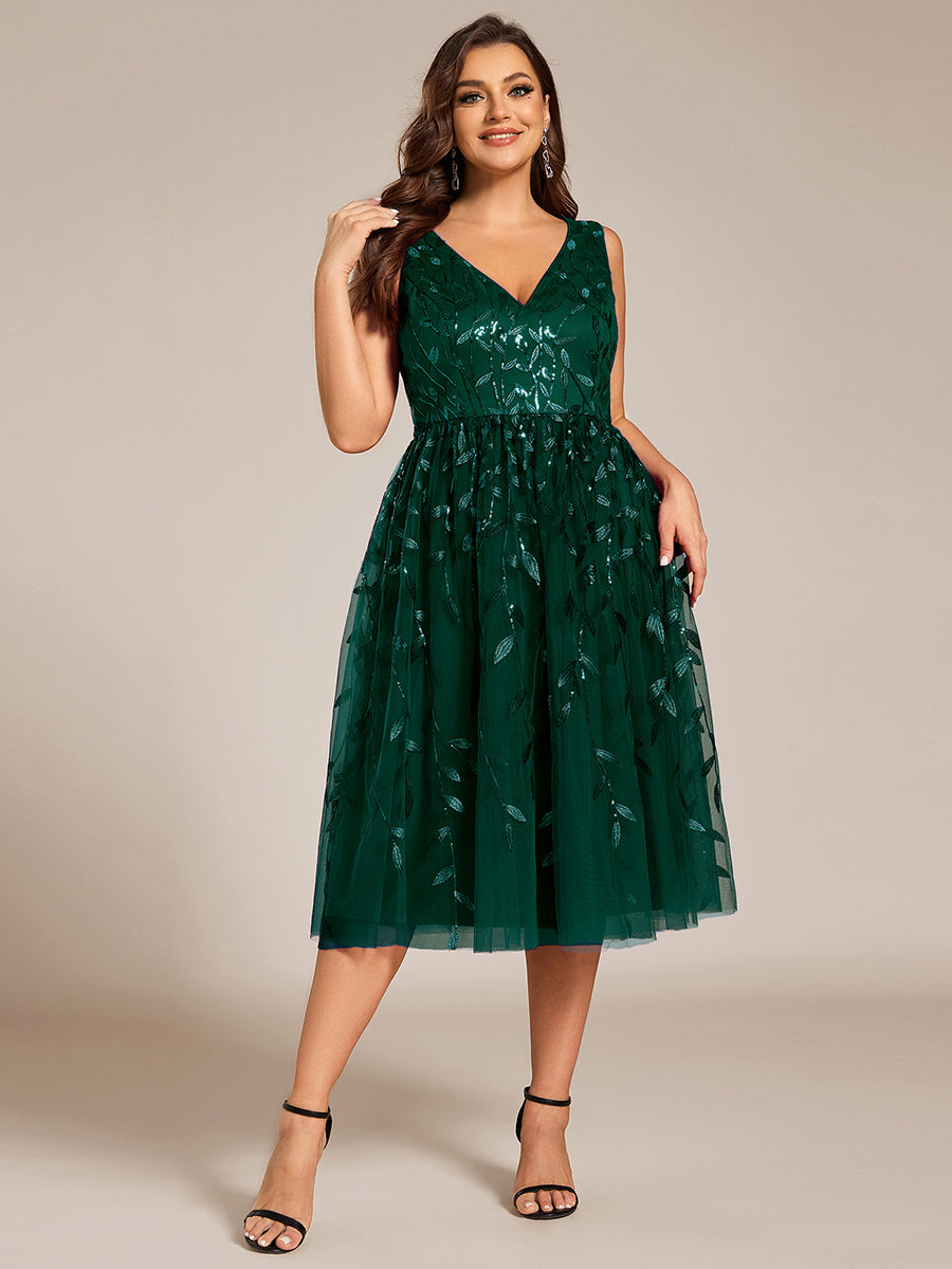 Color=Dark Green | Plus Size V-Neck Sequin Midi Wedding Guest Dress With Sleeveless-Dark Green 24