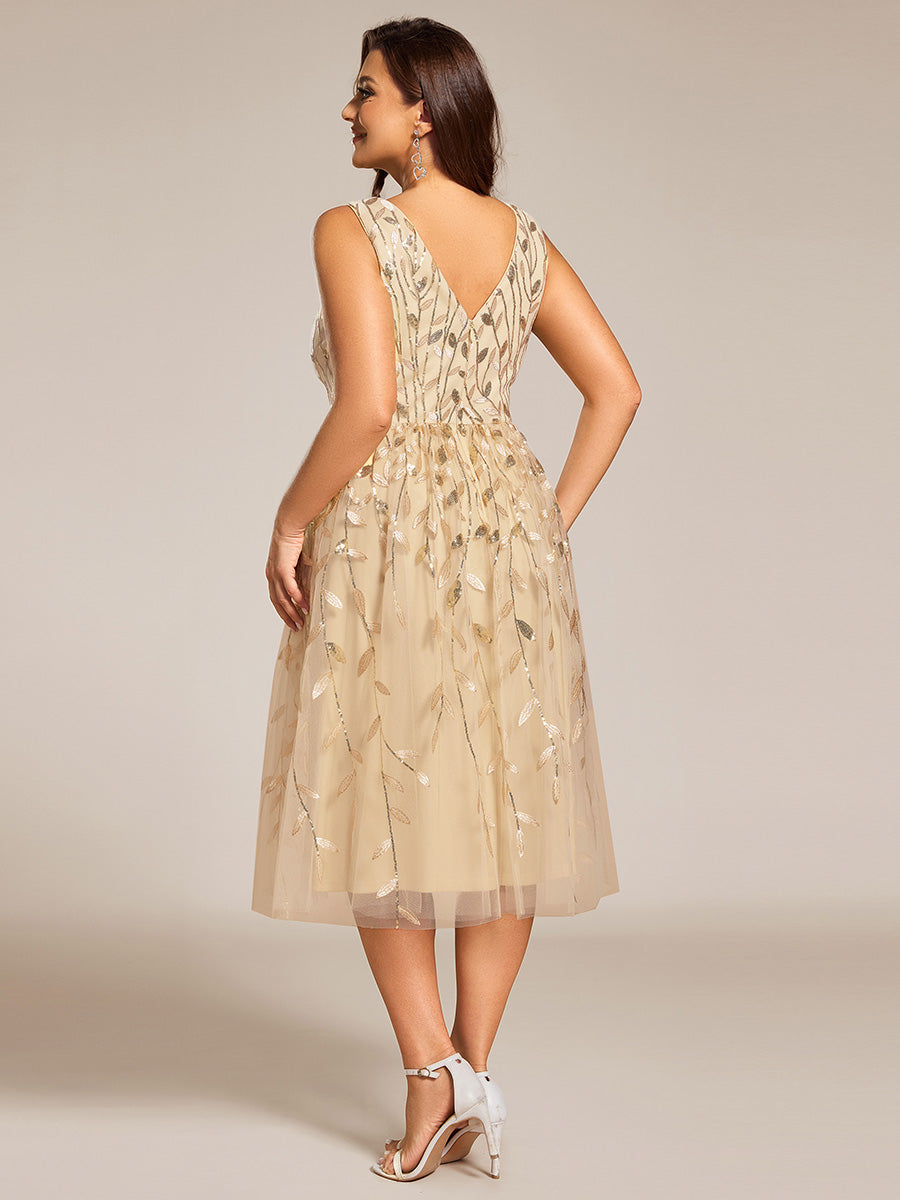 Color=Gold | Plus Size V-Neck Sequin Midi Wedding Guest Dress With Sleeveless-Gold 2